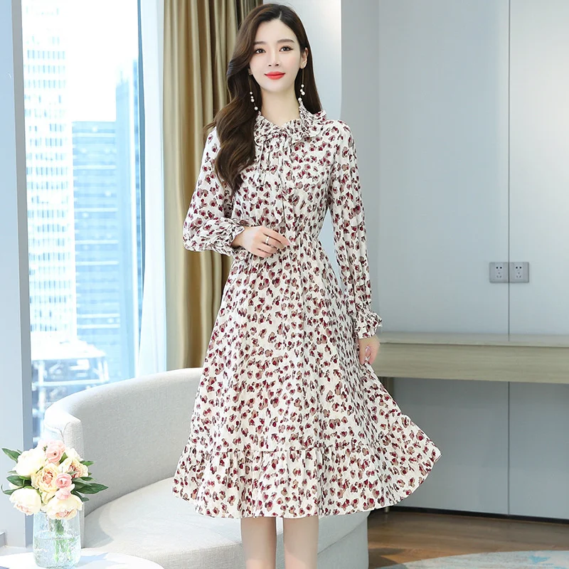

Korean Floral Dress 2021 Spring Autumn Ruffle Skirt Korean Slim Skirt Fashion Chiffon Skirt Fashion Dress Elegant Daily Clothes