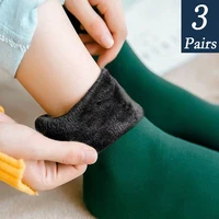 3 pairs womens winter warm socks thicken thermal nylon cashmere solid color socks soft snow velvet boots floor sleep black sock