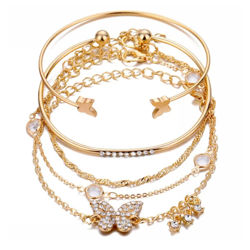 

Bohemian Rhinestone Butterfly Bracelets Elegant Cuff Bangle For Women Gold Color Chain Bracelet Sets Vintage Boho Jewelry