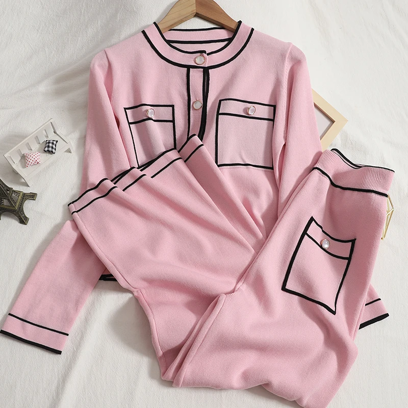 

Amolapha 2 Pieces Set Women Knitted Tracksuit Casual Single Breasted Tops+ Loose Jogging Pant Pullover 2021 Sweater Clothing Set