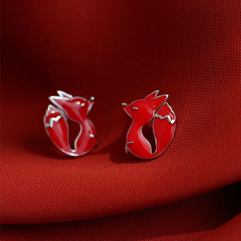 

S925 sterling silver cute red little fox earrings temperament earrings fashion earrings niche design