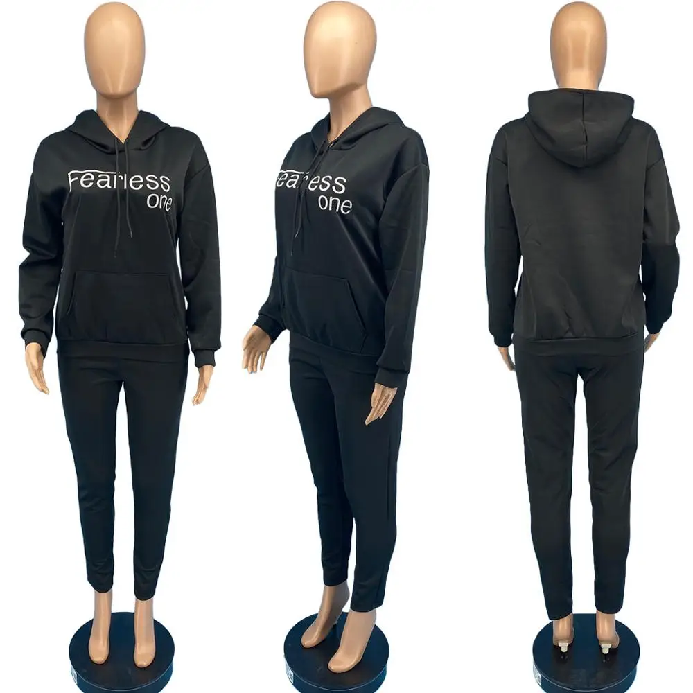 

Letter Embroidery Hooded Long Sleeve Solid Color Tops with Pocket & Pants New Autumn Women Suit Streetwear 2 Piece Set