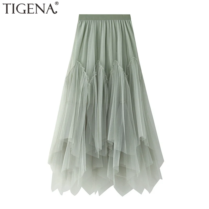 

TIGENA 90cm Maxi Tutu Tulle Skirt Women 2021 Summer Fashion Irregular Hem A Line High Waist Long Skirt Female With Lined Green