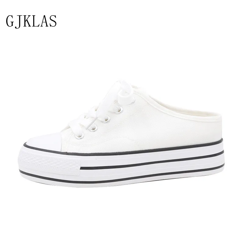 

Half Slippers Platforms Women Wedge Heel Shoes Yellow White Black Canvas Shoes Woman Slippers Fashion Platform Shoes for Women