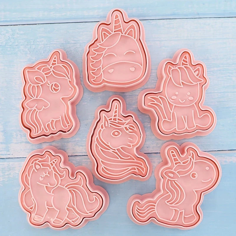 6Pcs/set Unicorn Shape Cookie Cutters Plastic 3D Cartoon Pressable Biscuit Mold Stamp Kitchen Baking Pastry Bakeware Tool | Дом и сад