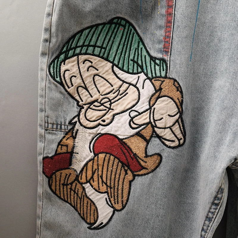 Cartoon embroidered Women Denim Jumpsuit Baggy Suspenders Cowboy Pants Hole Ripped Casual Loose Female Jeans Rompers |
