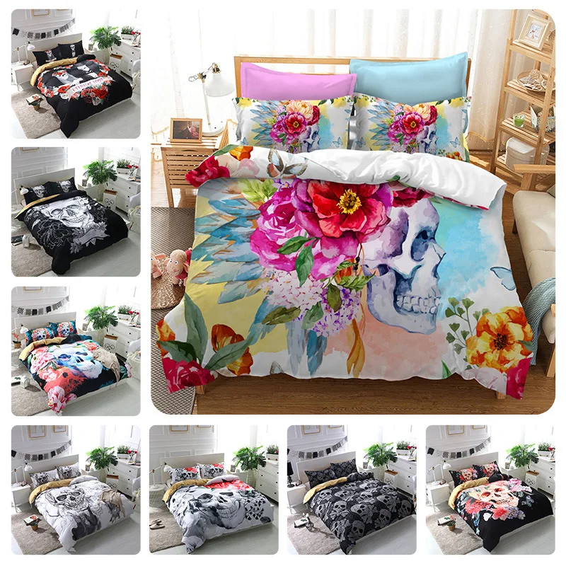 

3D Printed Human And Skeleton Flower Black Design Twin King Queen Bedclothes Duvet Cover Set White Bedding Set Comforter Bed Set