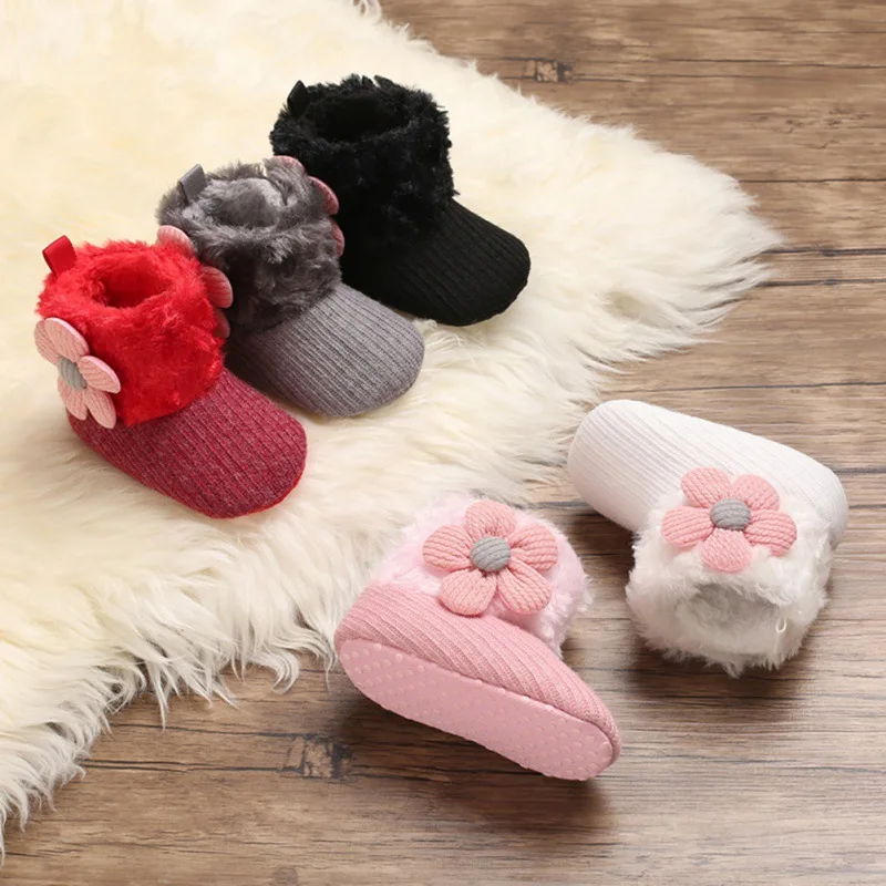 

New Toddler Baby Girls Boys Winter Casual Boots Fur Cotton Flower Furry Warm Snow Soft Baby Shoes 0-18M