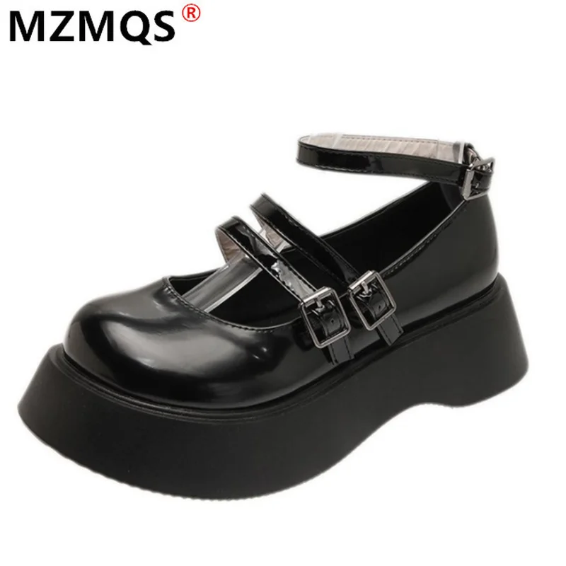 

2021 New Spring Women's Flats Flat Fashion Vintage Buckle Platform Women Casual Mid Heel Pu Leather Comfortable Shoes for Woman