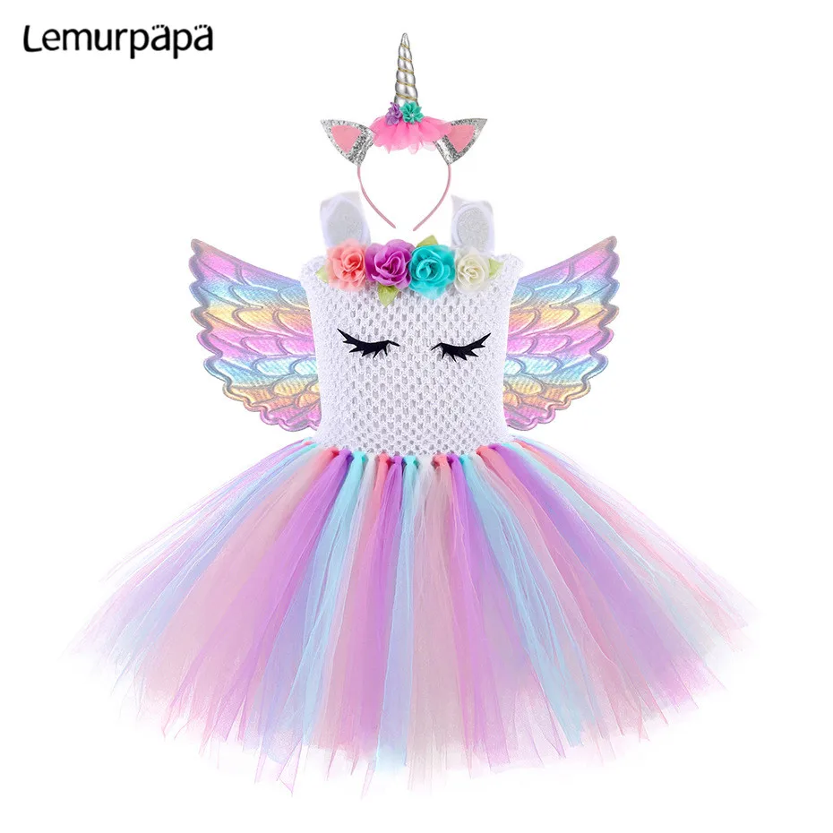 

Rainbow Unicorn Clothes Girls Evening Dress Tutu Weekend Party Dresses Kids Cosplay Princess Dressing Angel Wings