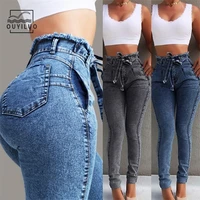 jeans woman high waist elastic band streetwear women denim flared pants solid color stretch slim tassel belt womens pants
