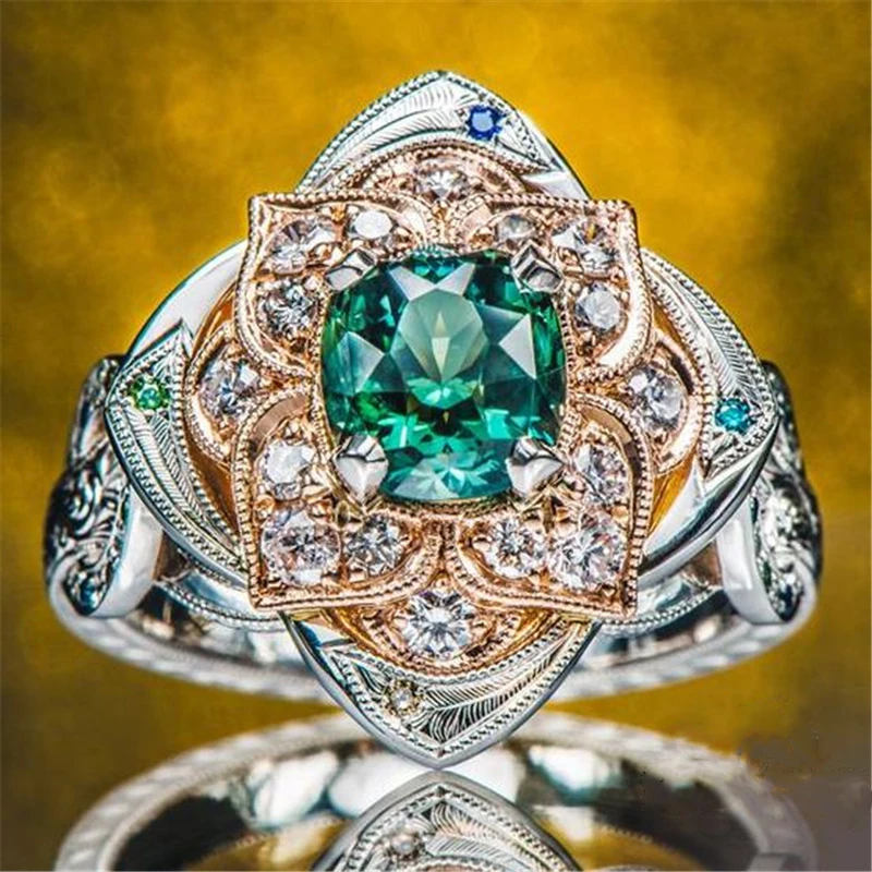

Elegant Classic Flower Green Zircon Jewelry Single Ring For Women Engagement Party Wedding Hand Accessories Size 5-11