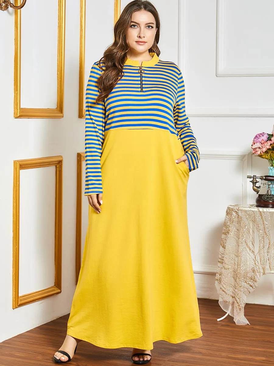 

2020 Autumn Winter Dress Plus Size Women Long Sleeve Striped Print Patchwork Elegant Dress Loose Maxi Arab Muslim Dress