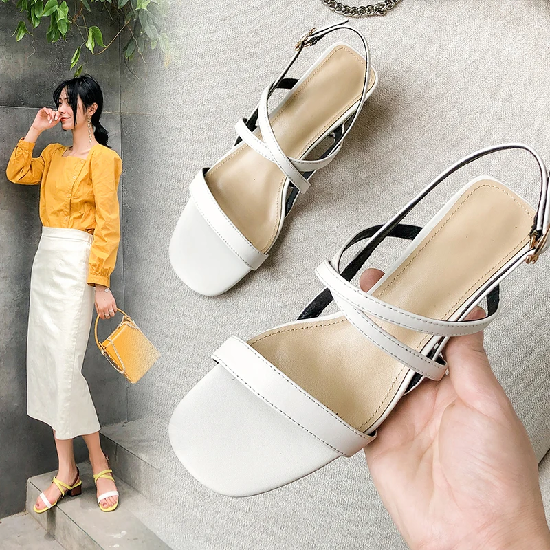 New women sandals genuine leather thick high heels sandals woman mixed colors cross buckle ladies dress party shoes