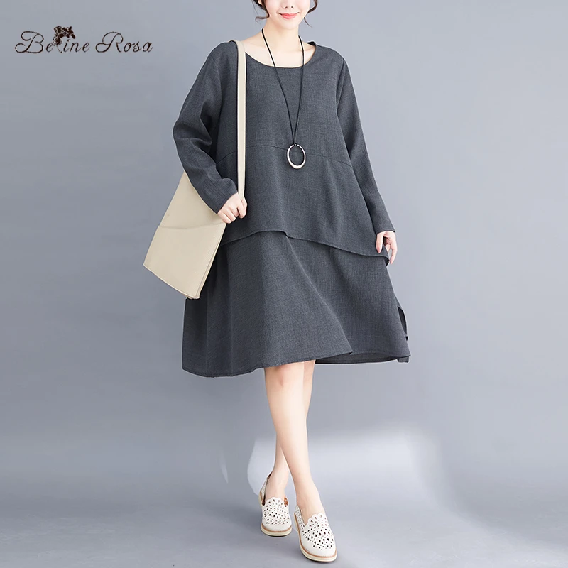 BelineRosa повседневный стиль простой серый цвет Свободное платье с длинным рукавом