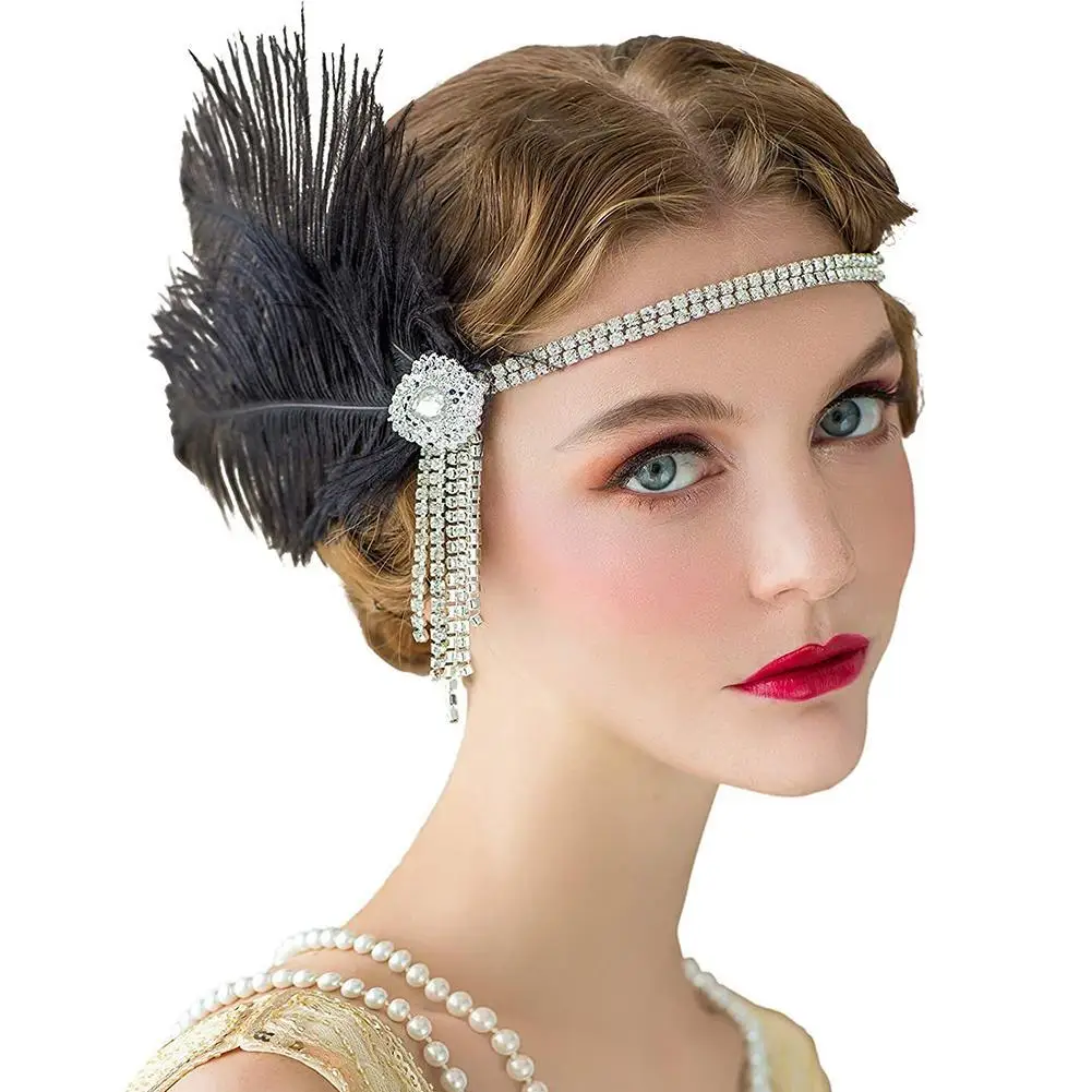 Винтажная повязка на голову Стразы с перьями для женщин цепочка из бисера волос