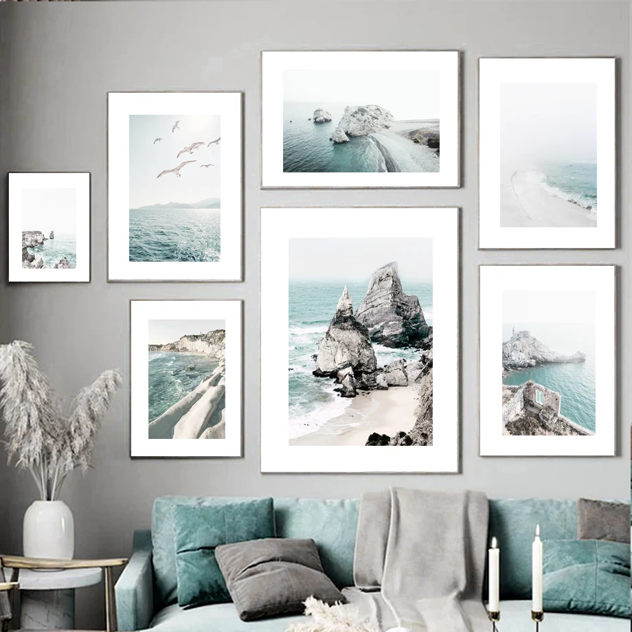 

Blue Bay Beach Reef Island Seagull Nordic Posters And Prints Modern Art Canvas Painting Wall Pictures For Living Room Home Decor