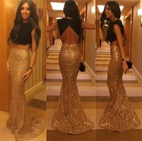 2015 hot sales sexy backless two pieces crop top gold sequins black lebanon arabic kaftan mermaid long evening dresses