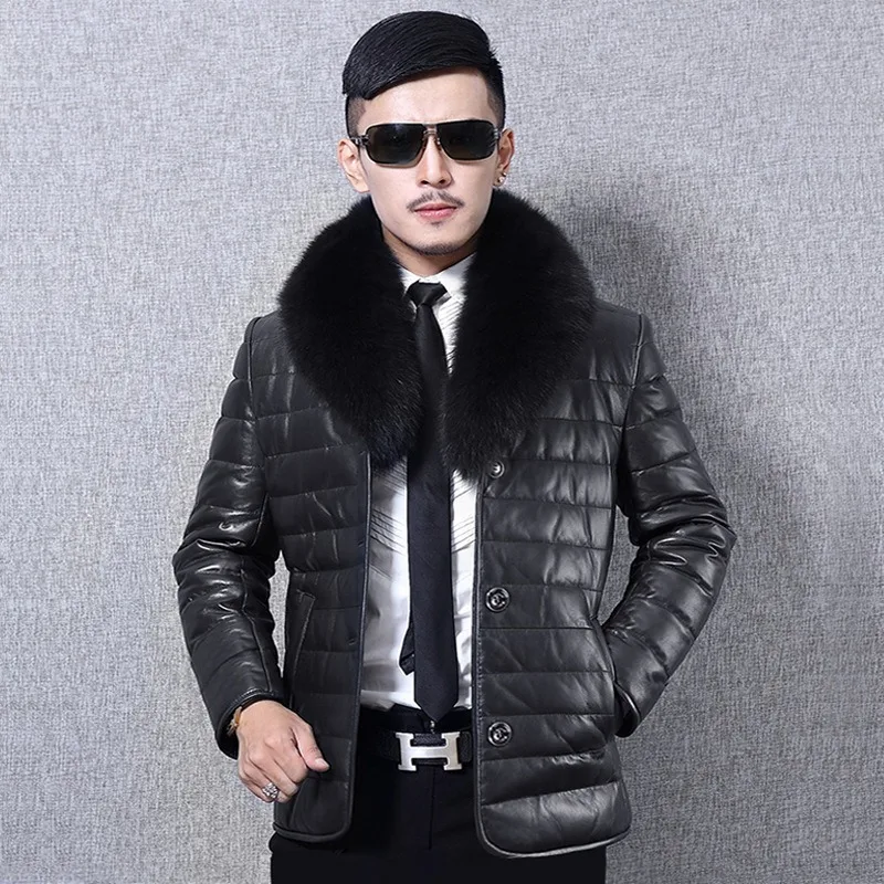 Мужские кожаные куртки с меховым воротником большие размеры деловая Черная