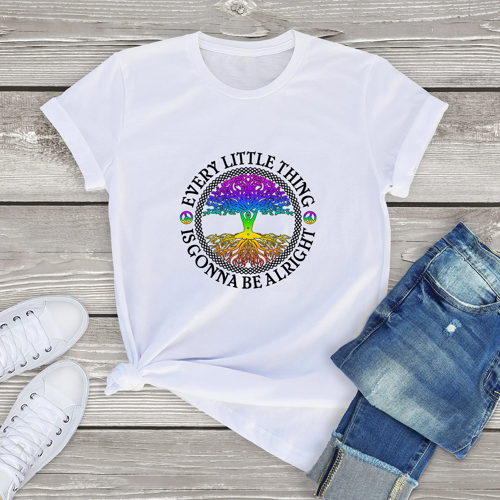 

100% Cotton Every Little Thing Is Gonna Be Alright Yoga Tree Funny Summer Women's Novelty T-Shirt EU Size Streetwear Soft Tee