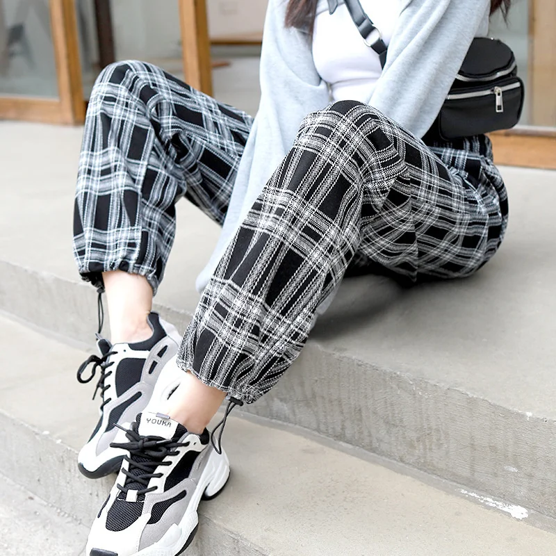 

Women Spring And Autumn High Waist Pants Versatile Loose Straight Wide Leg Pants Women Casual Drawstring Plaid Trousers