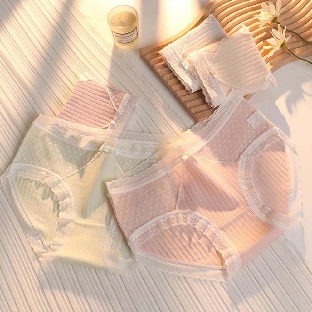 

Lovely Middle Waist Underwear Girl Stripe Ladies Women Briefs Stitching Lace Panties Lingeries Korean Style Underpants