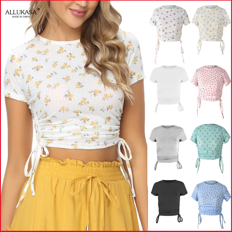 

Allukasa Floral Print Stitch 2021 New Spring and Summer Tops Ladies White Cute Casual Short-Sleeved T-Shirt Drawstring Top Goth