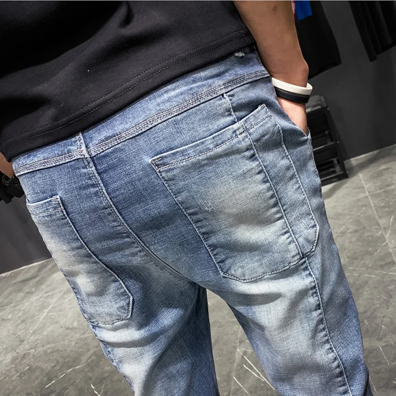Летние повседневные укороченные брюки мужские облегающие джинсовые прямые