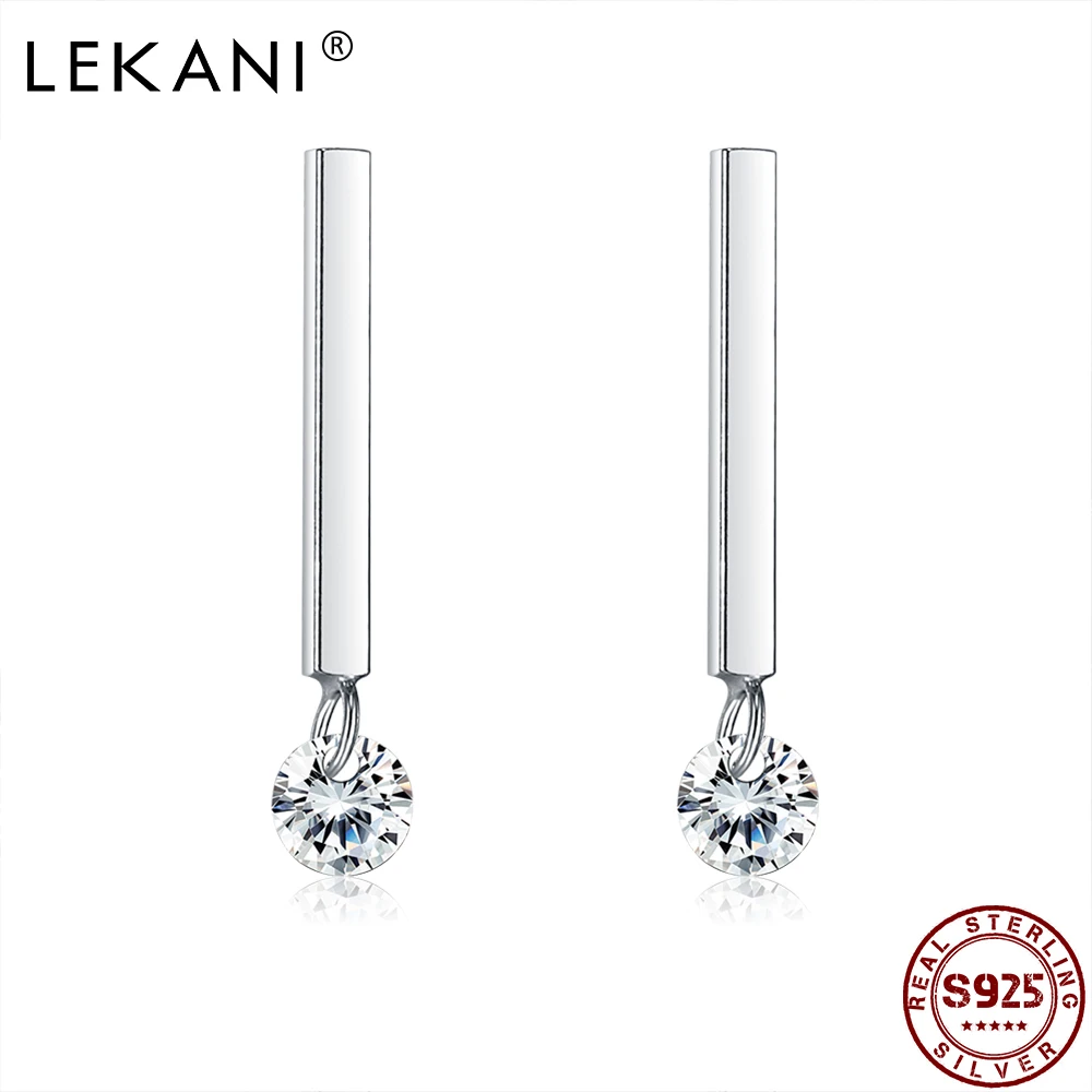 

LEKANI Sterling Silver 925 Jewelry OL Minimalist Stick Bar Stud Earrings For Women Shining Round Zircon Earring Engagement Gift