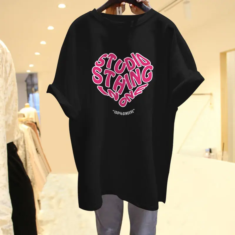 

Summer Women Pure Cotton Short-sleeved T-shirt Letter Heart Print Neon Yellow O-neck Tee Shirts Ladies Casual Loose Tops Street