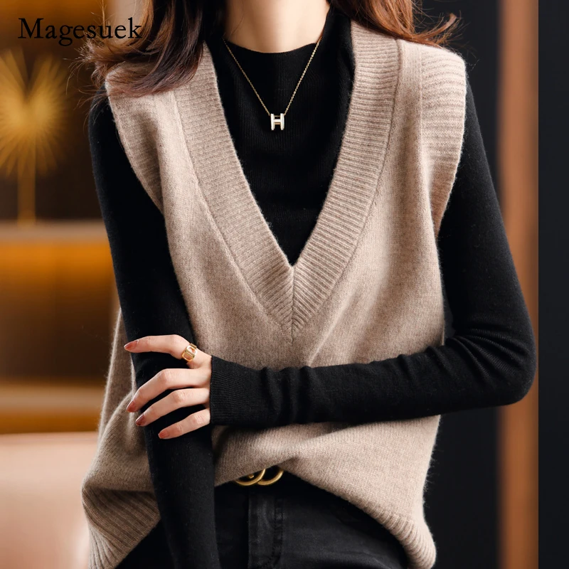 Женский вязаный свитер-жилет свободный Однотонный пуловер без рукавов с