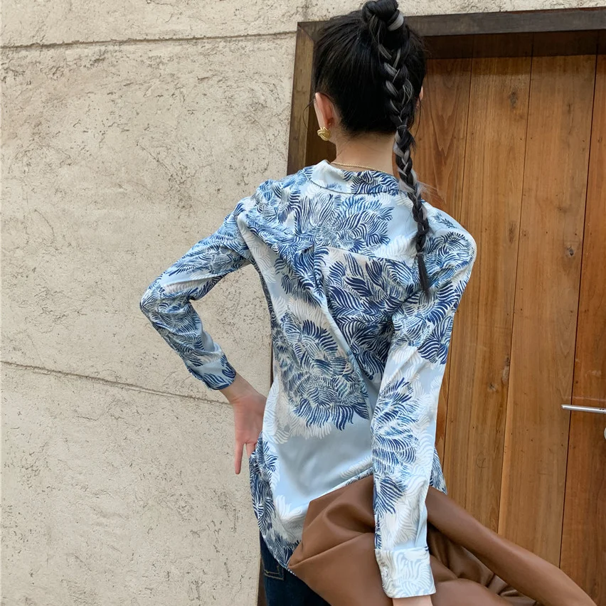 

Kprejepo Women Blouse Crushed Print Lapel Silk Female Long Sleeve Loose Wear Temperament Elegant Shirt 2021 Spring Summer Tops