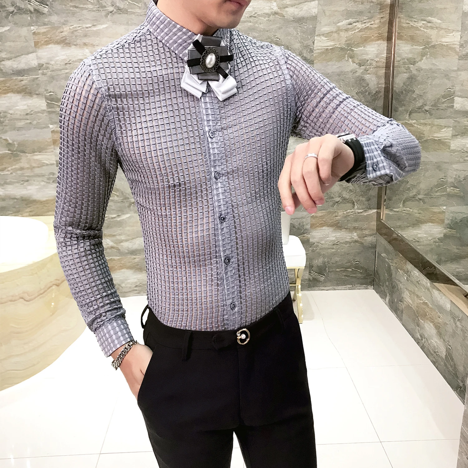 2019 рубашки в клетку Для мужчин Прозрачные s Прозрачная с длинным рукавом блузка