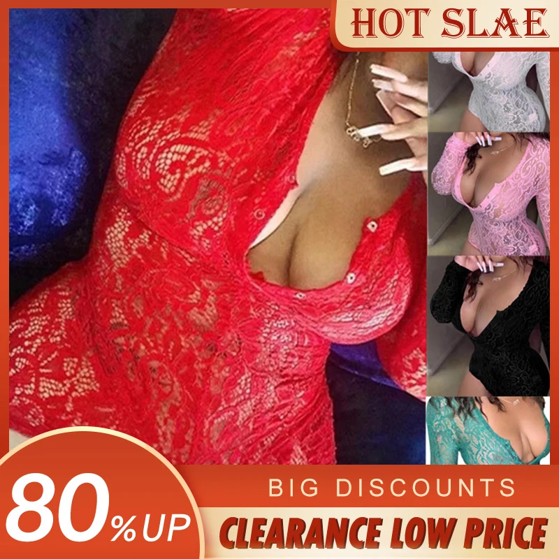 

2021 Sexy Women Lace Romper Ladies Bodycon Jumpsuit V Neck Boduycon Long Sleeve Leotard Playsuit Bodysuit Homewear Bodysuits