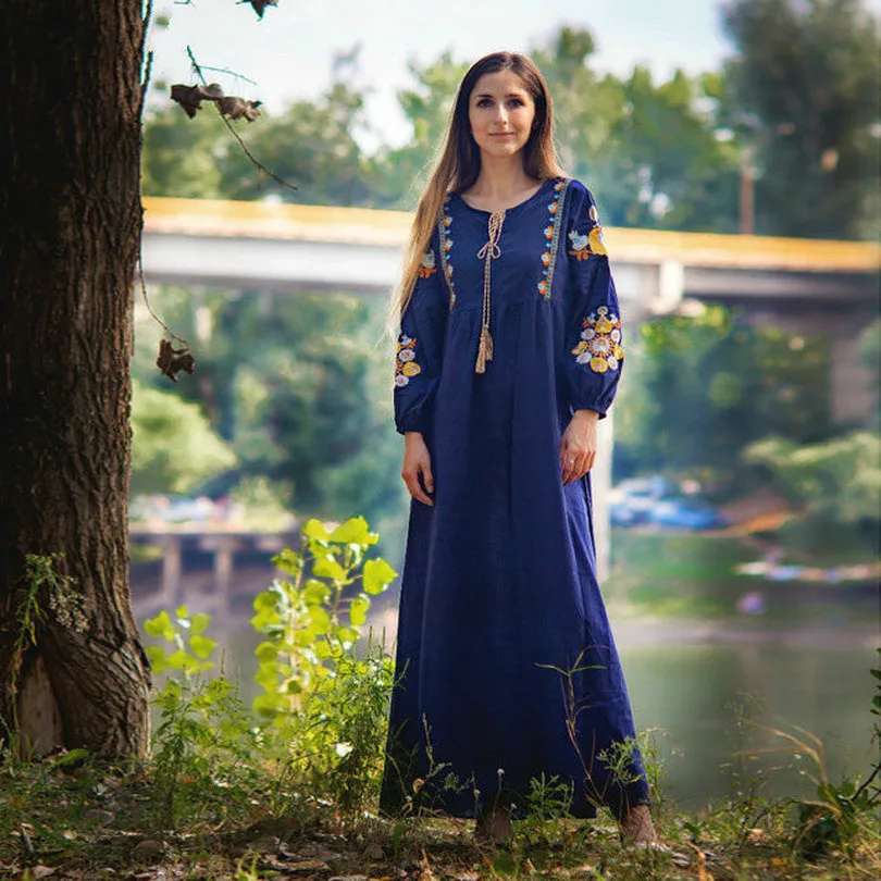 Длинное платье макси для женщин элегантное винтажное с цветочной вышивкой и