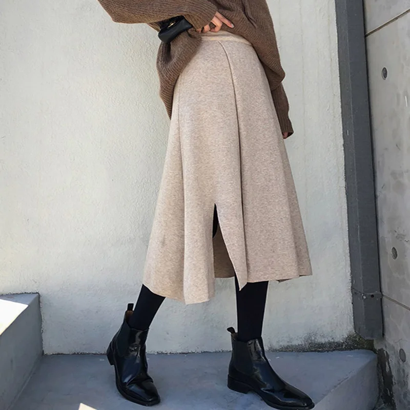 Зимние шерстяные юбки трапециевидной формы с разрезом Длинные вязаные
