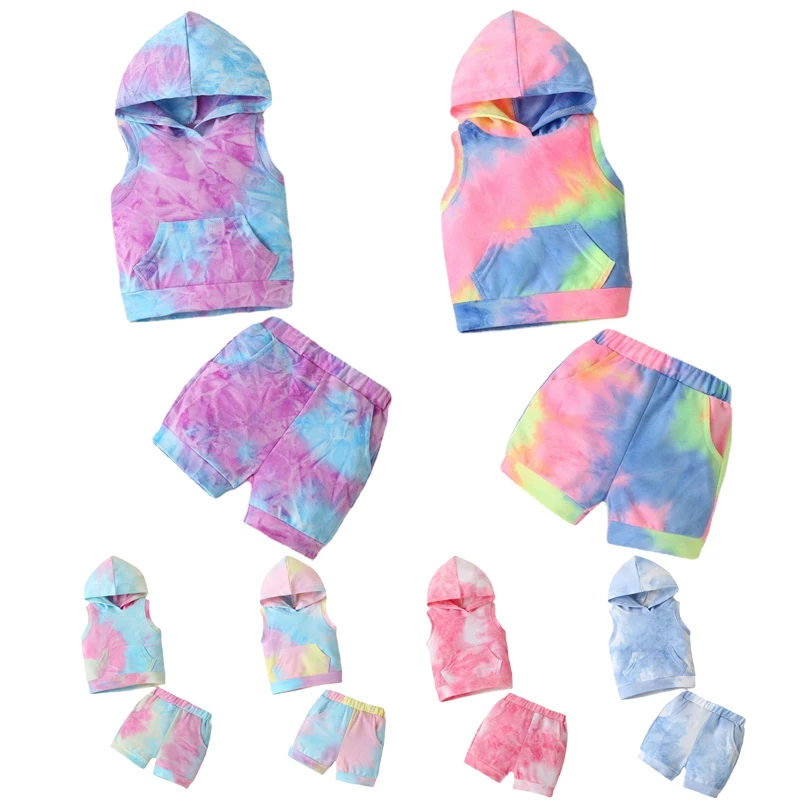 

Children's Sets Casual Summer Baby Clothes Sleeveless Tie Dye Set Boutique Hooded Kids Clothing Ropa Verano Conjunto Bebe
