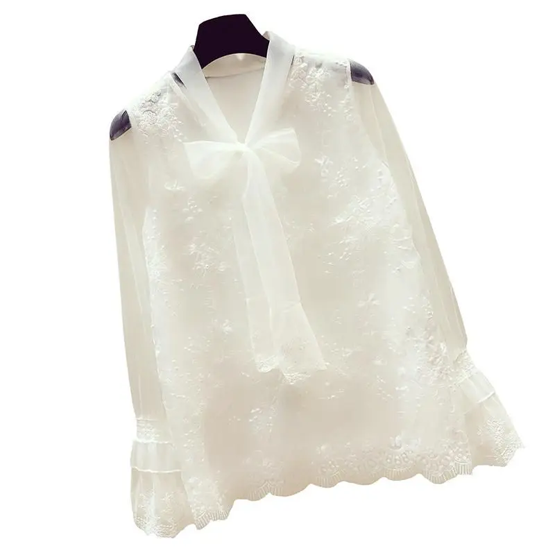 

New style bow tie blouse lace female Korean style bottoming shirt