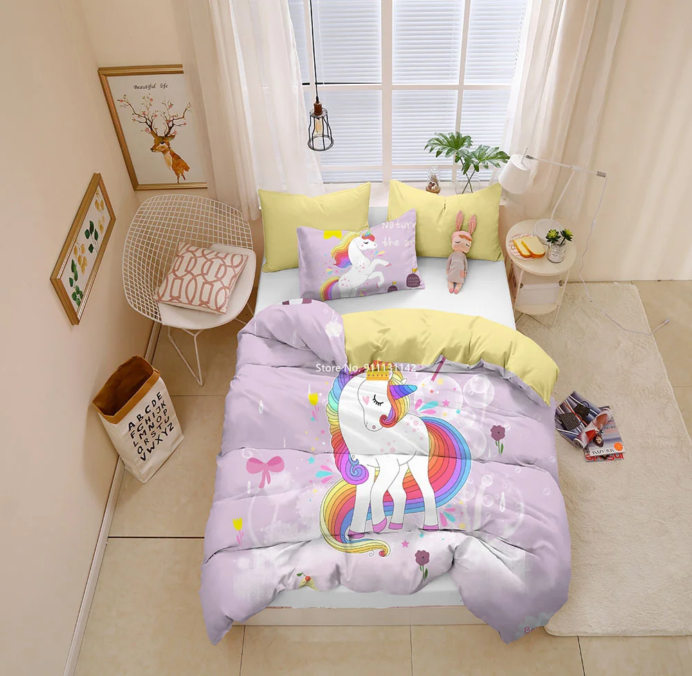 

3D Cartoon Rainbow Unicorn Digital Print Bedding Set 3D Children Bedroom Decoration Down Quilt Cover Pillowcase Decoration