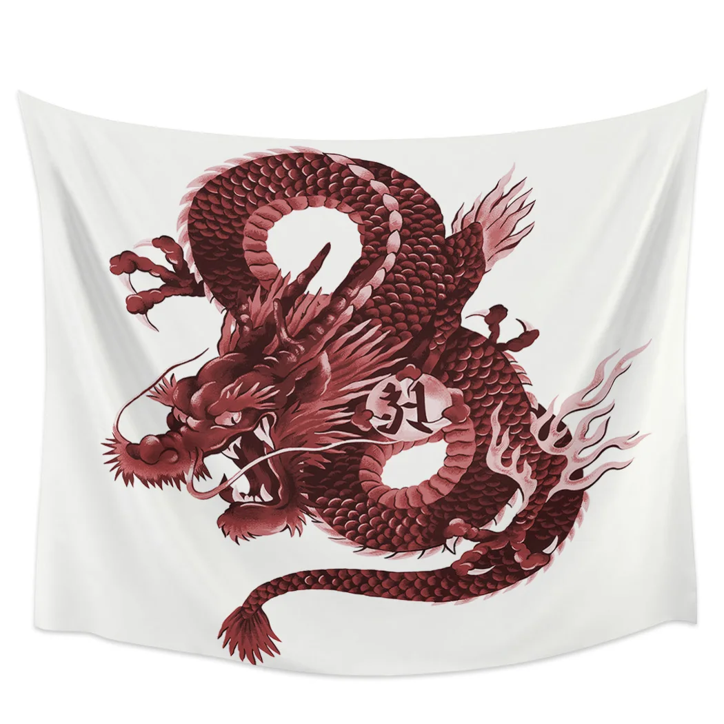 Гобелен Азиатский с красным злым драконом Большой Настенный Коврик для