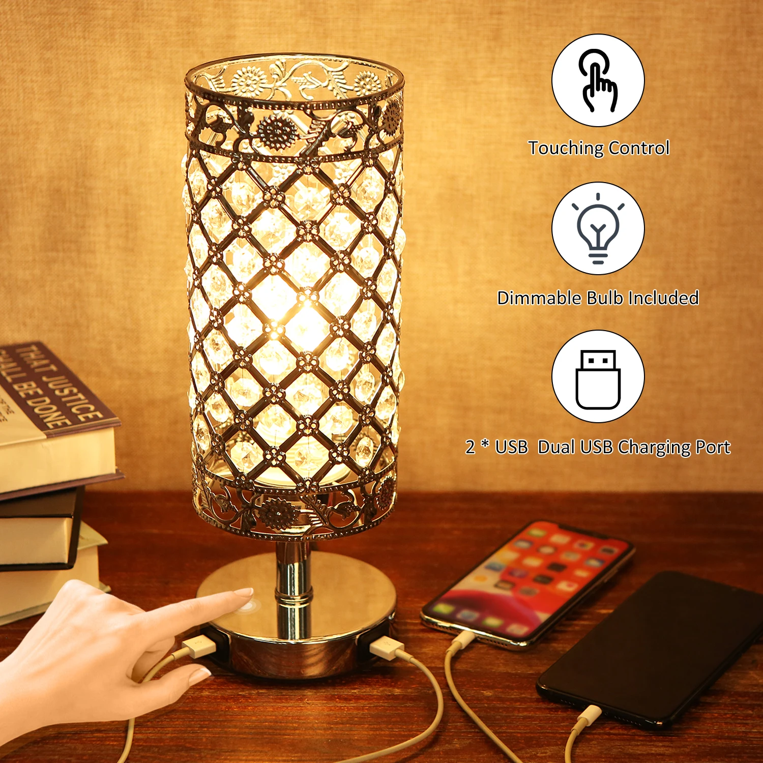 

Dimmable Touching Control Bedside Table Lamp with Dual USB Charge Port 3-way Nightstand Desk Light for Bedroom Living Room