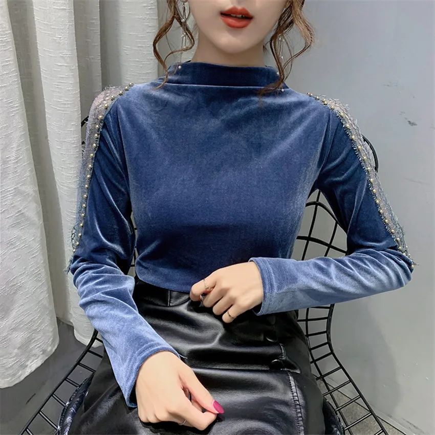 

Autumn Winter High Neck Velvet Blouse Womens Tops And Blouses Korean Fashion Mesh Patchwork Undershirt Elegant Blusa Feminina