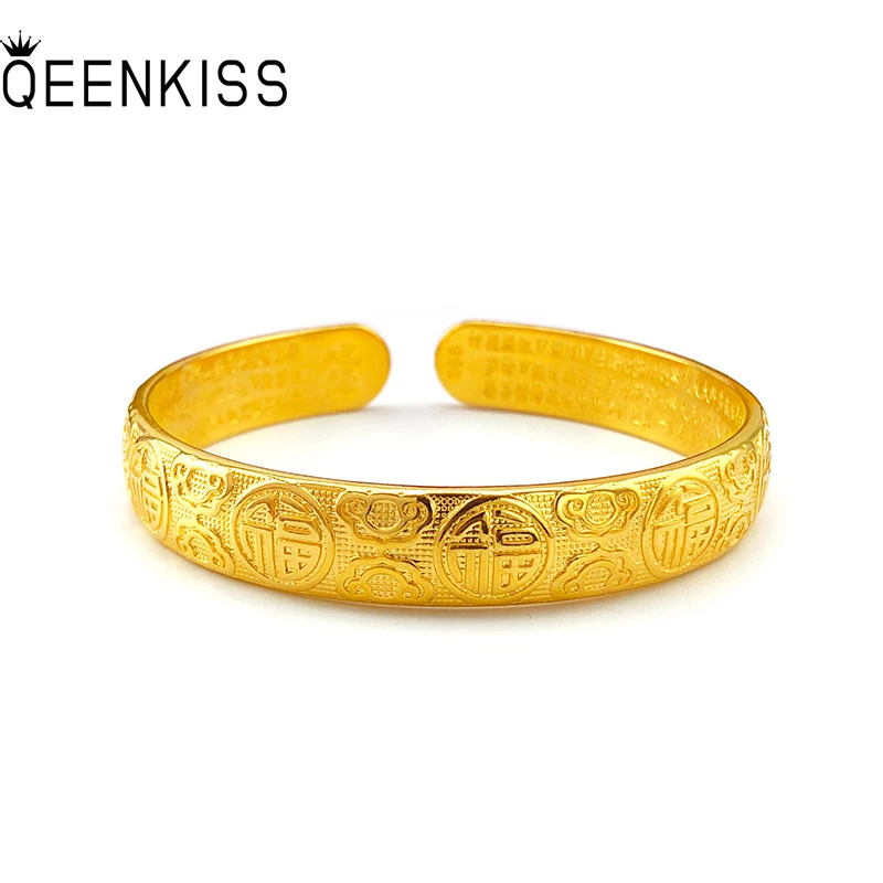 

QEENKISS BT550 Fine Jewelry Wholesale Fashion Woman Girl Mother Birthday Wedding Gift Vintage FU 24KT Gold Open Bracelet Bangle