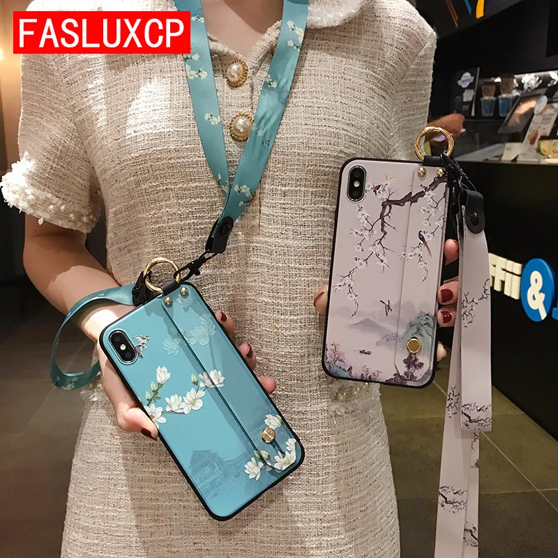 Чехол держатель с ремешком на шею листьями цветами для iPhone 11 Pro Max SE 2 XR XS X 6 6S 7 8 Plus