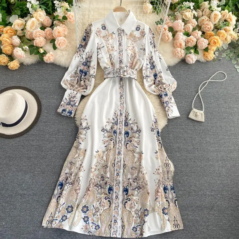 

2021 Spring Autumn European Ins Style Vintage Elegant Dress Printed Polo Collar High Waist Fashion Puff Sleeve Slim Long Dress