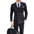 Мужской деловой облегающий костюм в полоску, блейзер из трех предметов + брюки + жилет, мужской двубортный деловой костюм, 2021