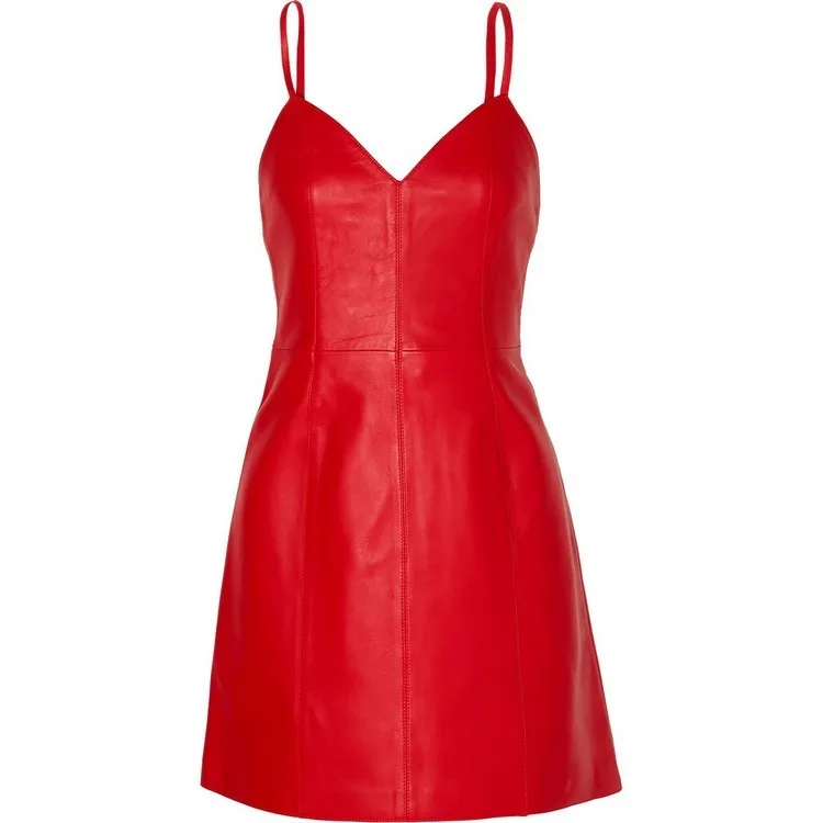 red TWOTWINSTYLE платье с завязкой в виде банта для женщин на бретельках без рукавов с высокой талией из искусственной кожи женские летние Новые - Цвет: red