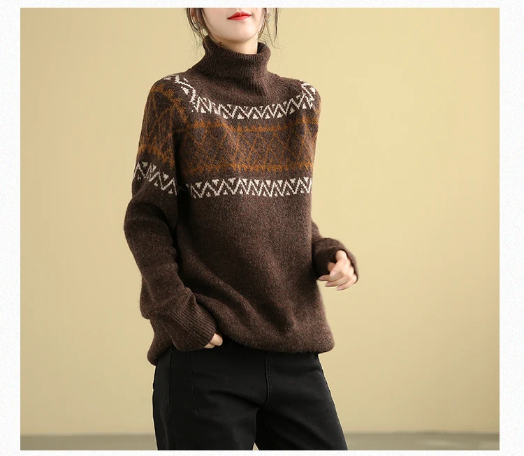 

Lamtrip Warm Vintage Geometric Pattern Turtleneck Pullover Sweater Winter Women