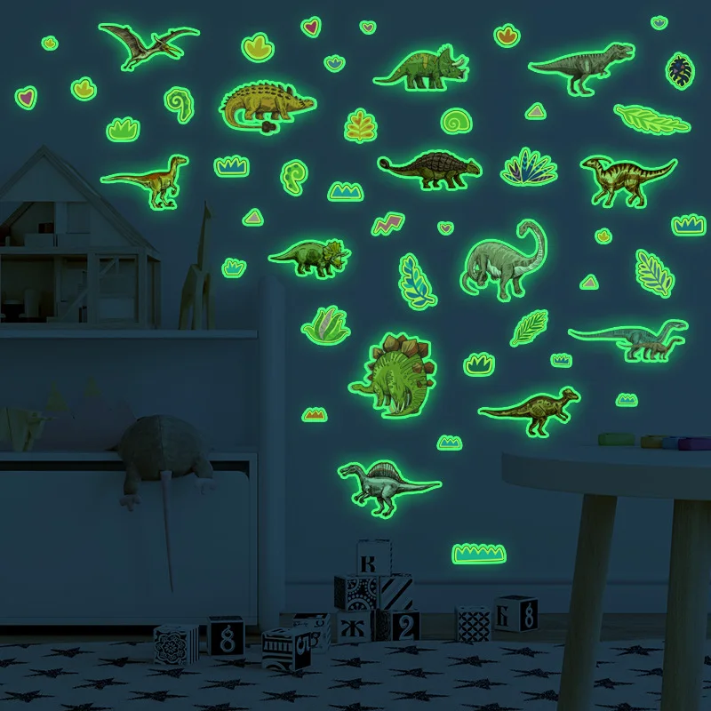 Pegatinas luminosas de dinosaurio de dibujos animados en la pared para habitación de niños, dormitorio, techo, guardería, decoración del hogar, pegatinas que brillan en la oscuridad