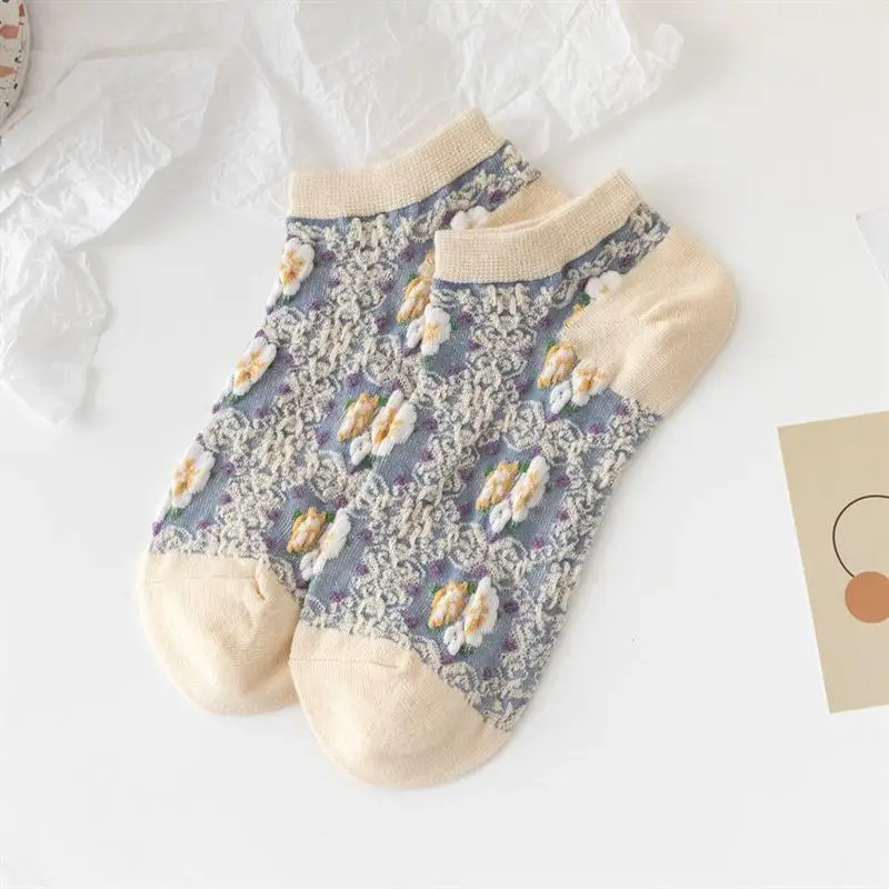 

4 Pairs Set Ankle Socks Woman Kawaii 2021 New Product Cotton Girl Crew Sock Pack Beige Short Low Cut Floral Female Mujer Khaki